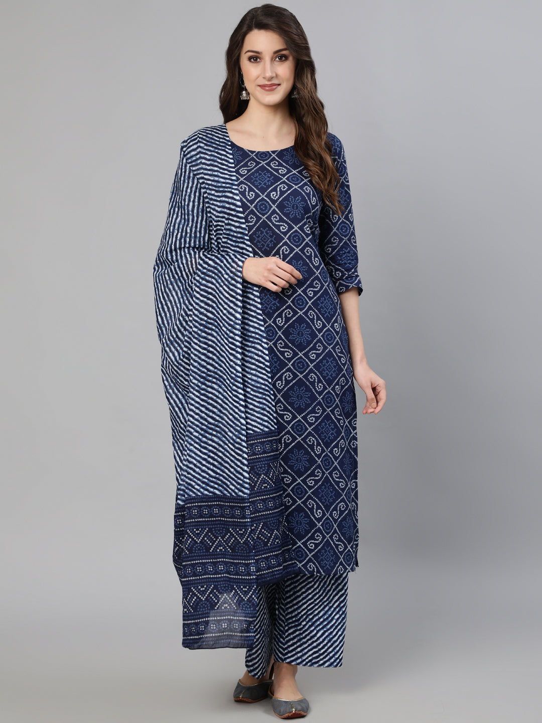 Women's Navy Blue Bandhani Printed Straight Kurta With Dupatta And Palazzos