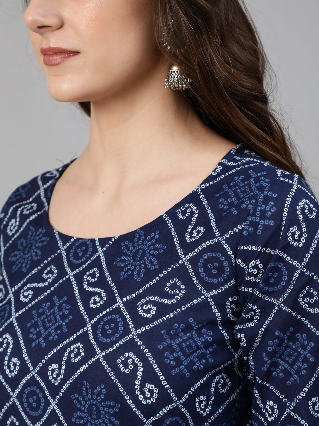 Women's Navy Blue Bandhani Printed Straight Kurta With Dupatta And Palazzos