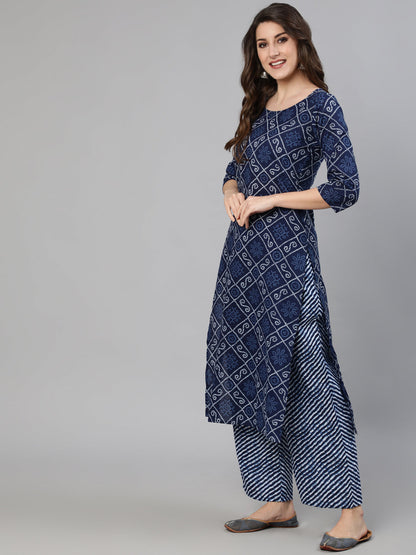Women's Navy Blue Bandhani Printed Straight Kurta With Dupatta And Palazzos