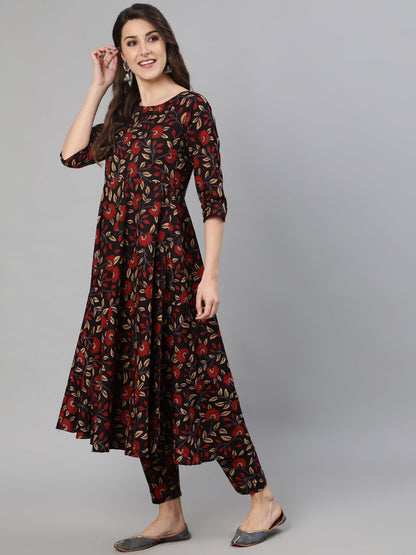 Women's Black And Maroon Floral Printed Kurta With Trouser & Dupatta