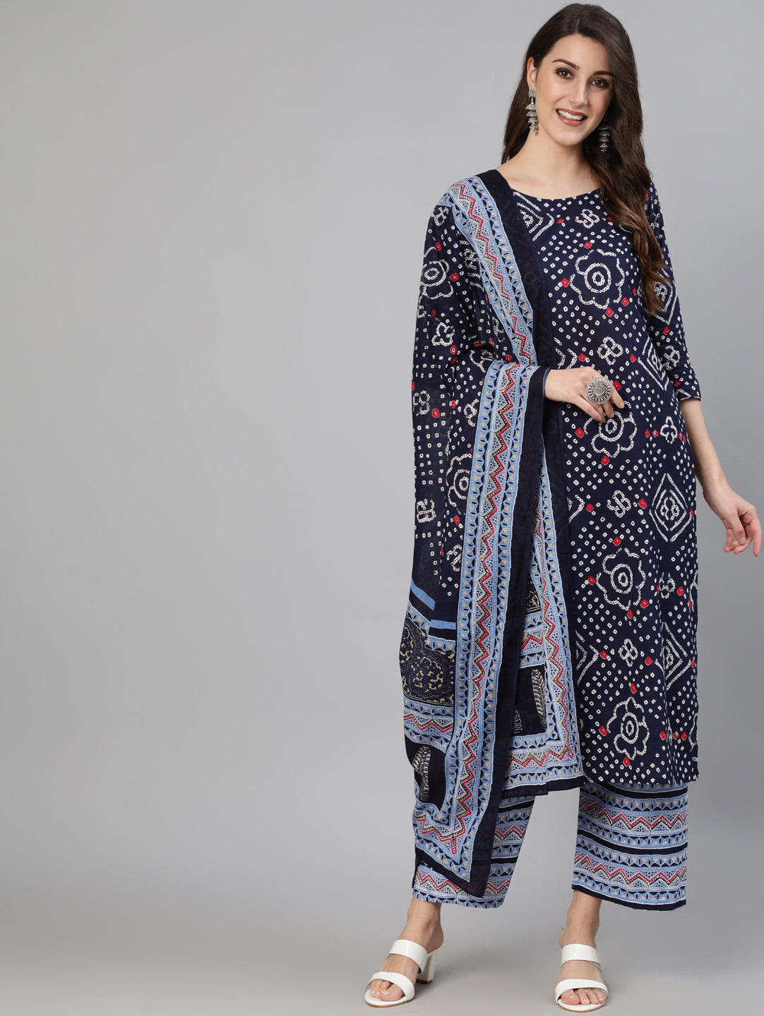Women's Blue Bandhani Printed Straight Kurta With Palazzo Dupatta