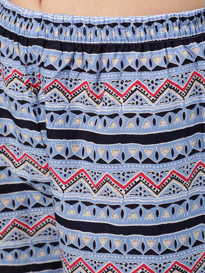 Women's Blue Bandhani Printed Straight Kurta With Palazzo Dupatta