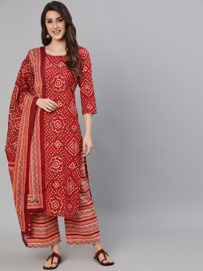Women's Red Bandhani Printed Straight Kurta With Palzzo And Dupatta