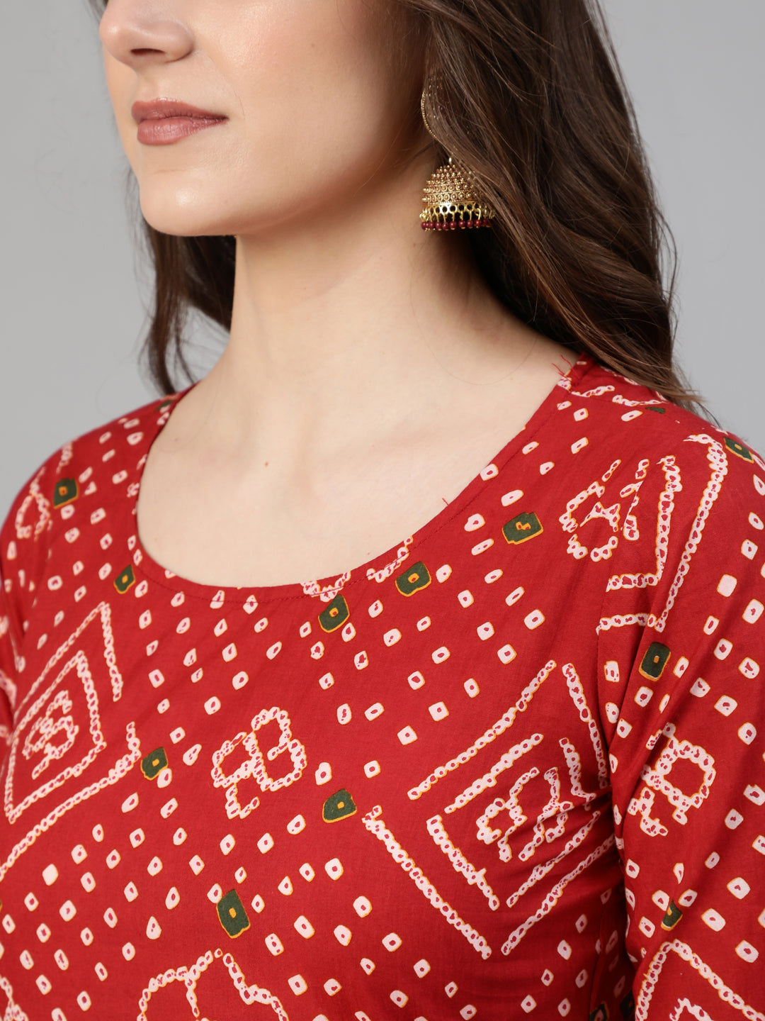 Women's Red Bandhani Printed Straight Kurta With Palzzo And Dupatta