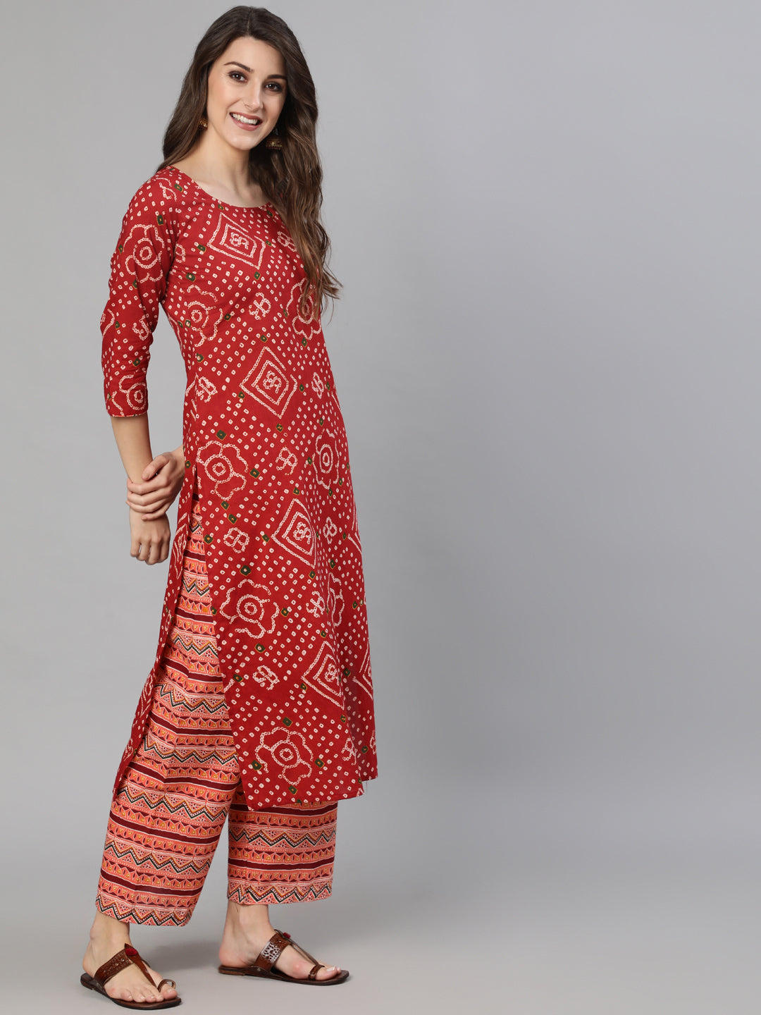 Women's Red Bandhani Printed Straight Kurta With Palzzo And Dupatta