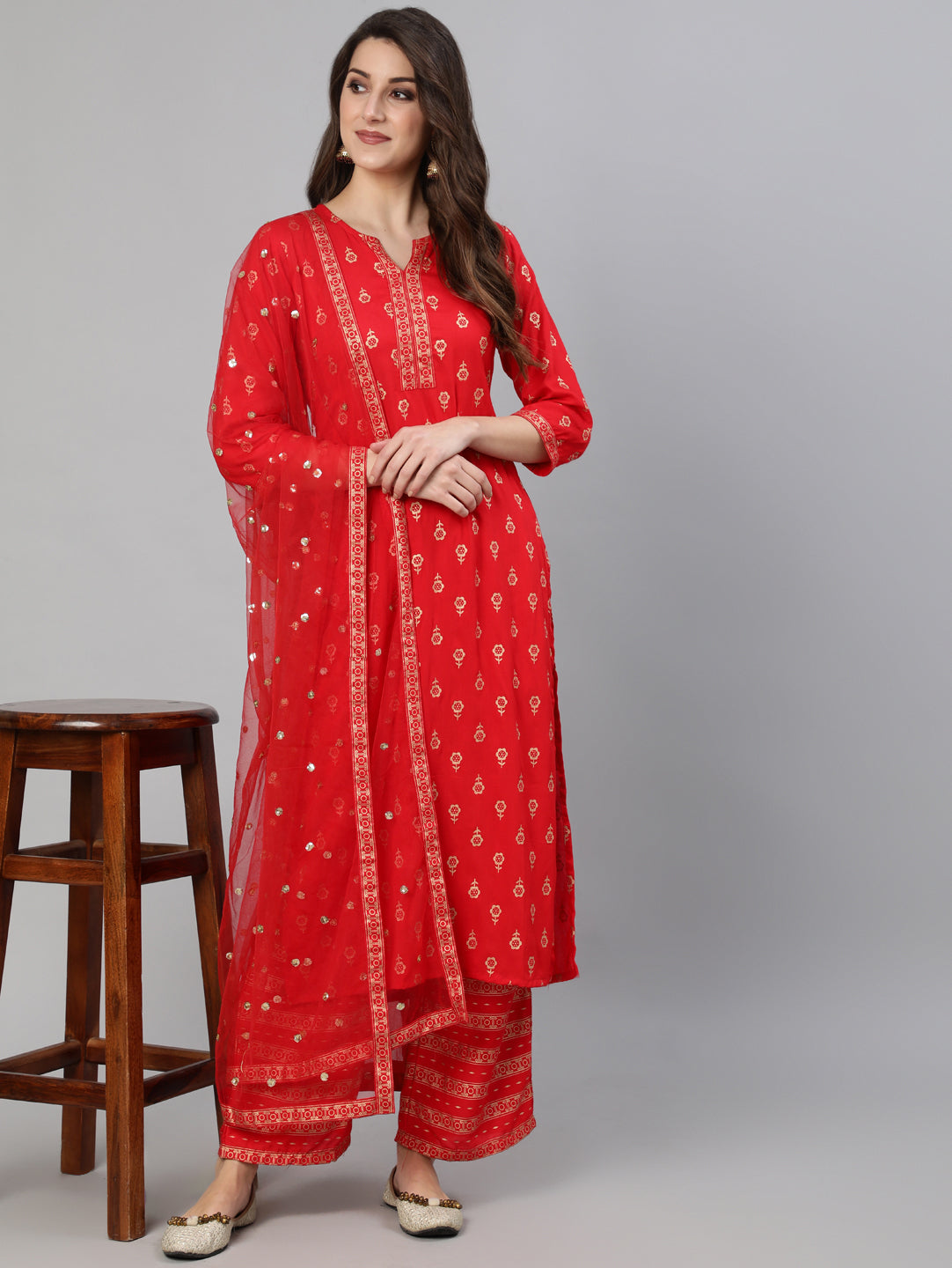 Women's Red Gold Ethnic Printed Kurta With Palazzo And Sequence Dupatta