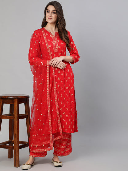 Women's Red Gold Ethnic Printed Kurta With Palazzo And Sequence Dupatta
