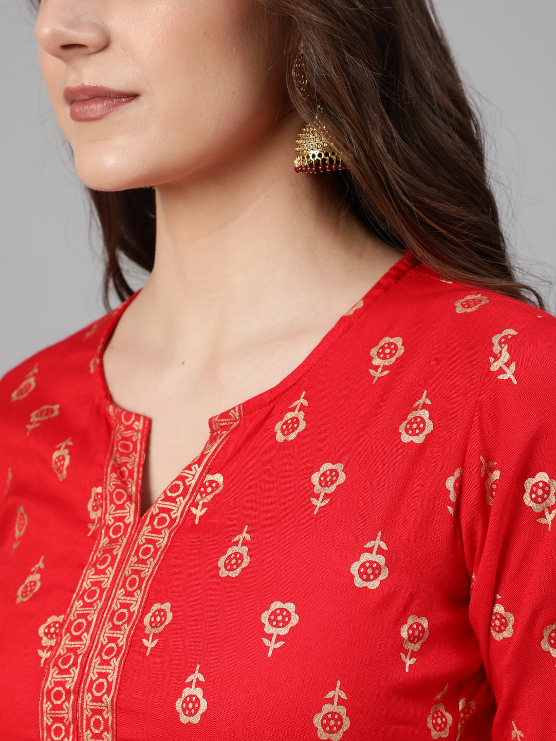 Women's Red Gold Ethnic Printed Kurta With Palazzo And Sequence Dupatta