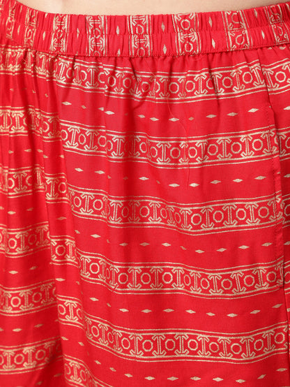 Women's Red Gold Ethnic Printed Kurta With Palazzo And Sequence Dupatta