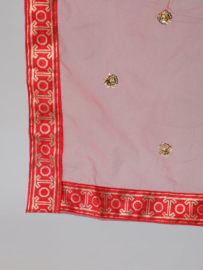 Women's Red Gold Ethnic Printed Kurta With Palazzo And Sequence Dupatta