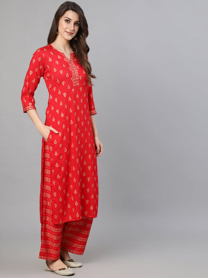 Women's Red Gold Ethnic Printed Kurta With Palazzo And Sequence Dupatta