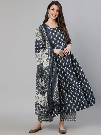 Women's Grey Ethnic Motif Printed Flared Kurta With Trouser And Dupatta