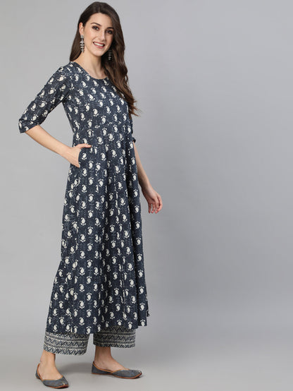 Women's Grey Ethnic Motif Printed Flared Kurta With Trouser And Dupatta