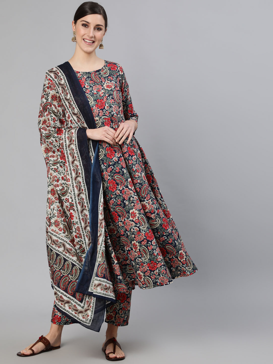 Women's Multi Ethnic Printed Flared Kurta And Trouser With Dupatta