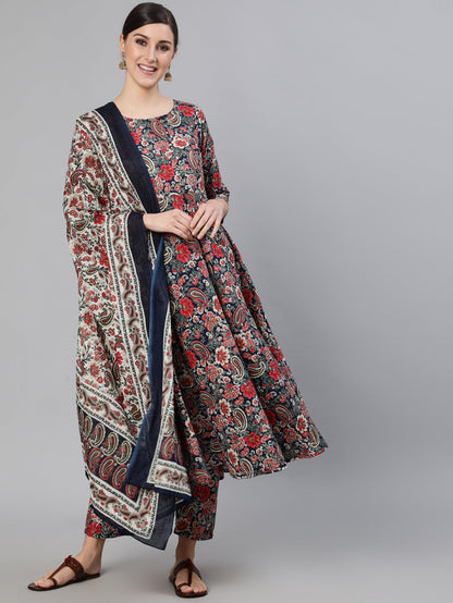 Women's Multi Ethnic Printed Flared Kurta And Trouser With Dupatta