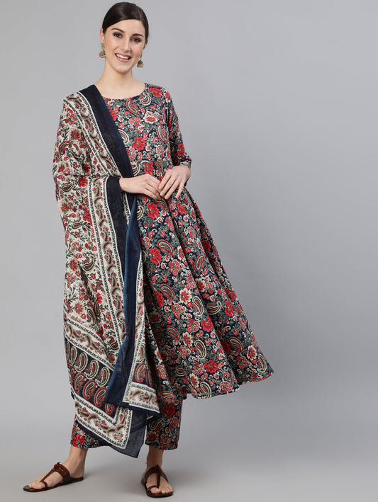 Women's Multi Ethnic Printed Flared Kurta And Trouser With Dupatta