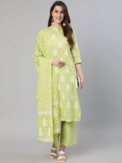 Women's Green Ethnic Printed Straight Kurta With Palazzo And Dupatta
