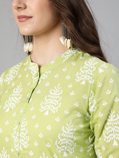 Women's Green Ethnic Printed Straight Kurta With Palazzo And Dupatta