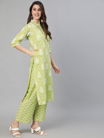 Women's Green Ethnic Printed Straight Kurta With Palazzo And Dupatta
