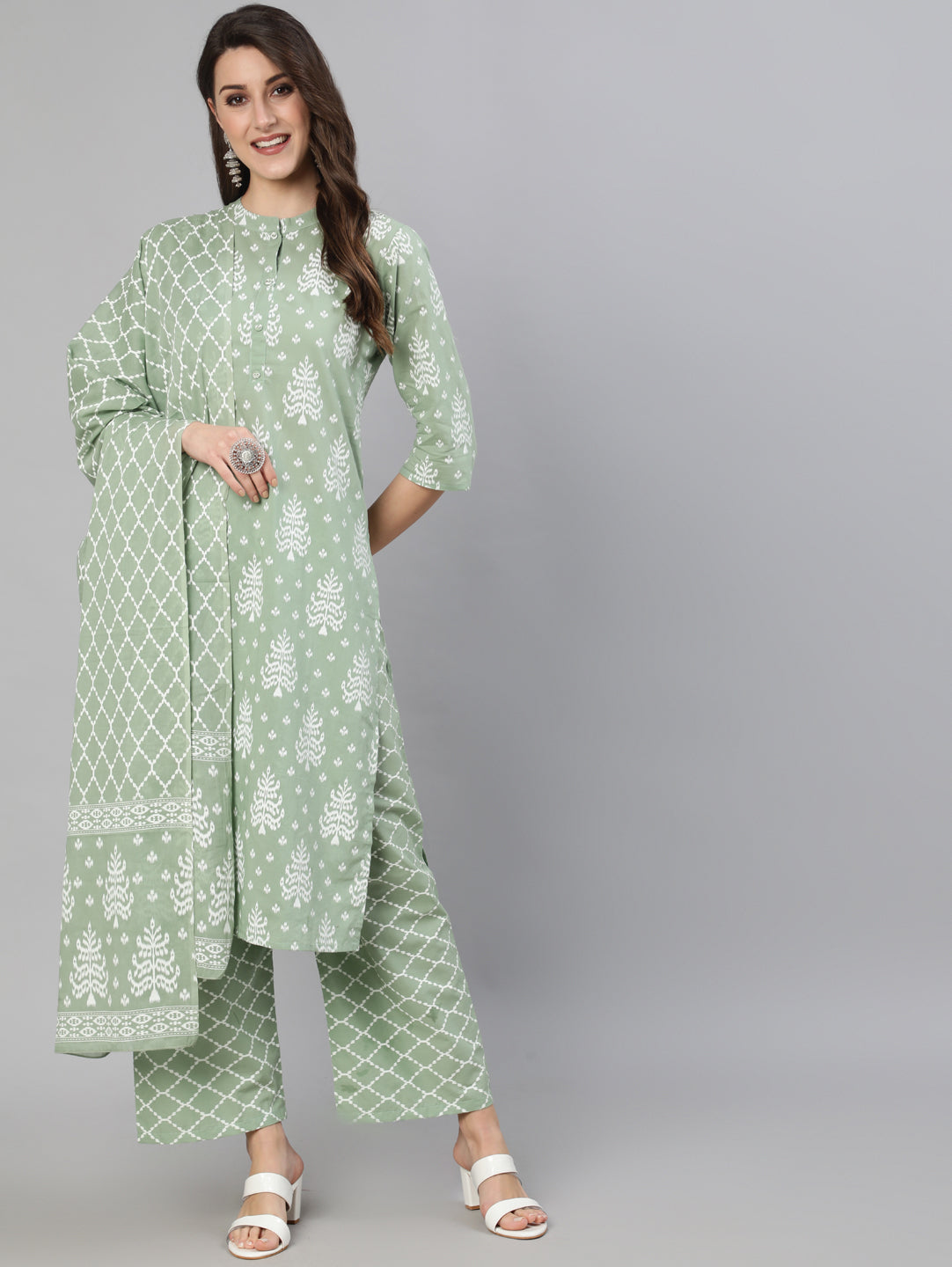 Women's Olive Green Ethnic Printed Kurta And Palazzo With Dupatta