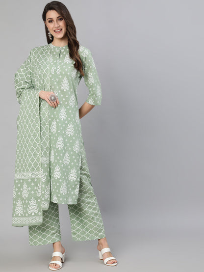Women's Olive Green Ethnic Printed Kurta And Palazzo With Dupatta