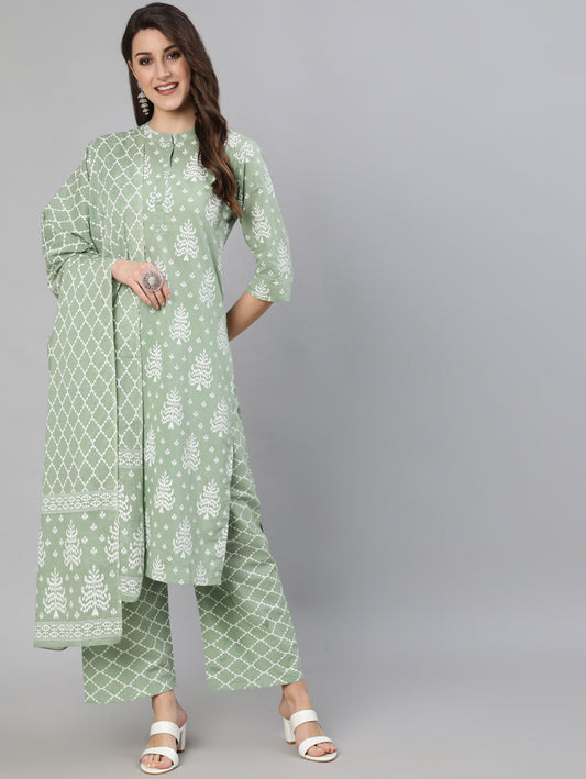 Women's Olive Green Ethnic Printed Kurta And Palazzo With Dupatta