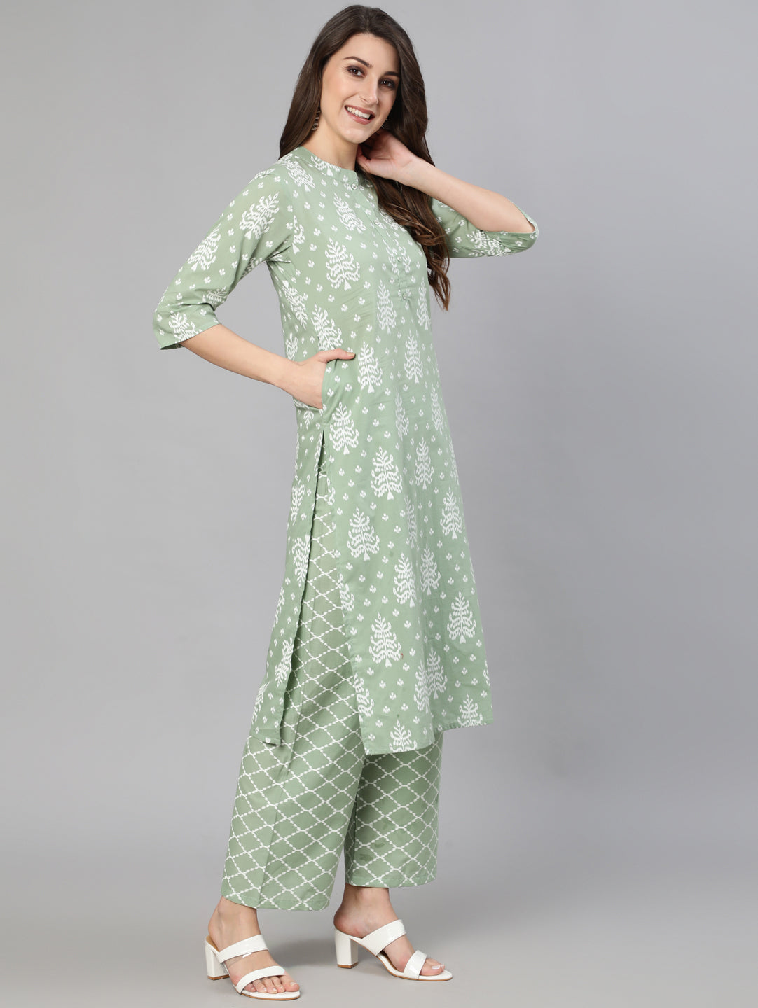 Women's Olive Green Ethnic Printed Kurta And Palazzo With Dupatta
