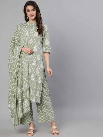 Women's Grey Ethnic Printed Straight Kurta With Three Quarter Sleeves