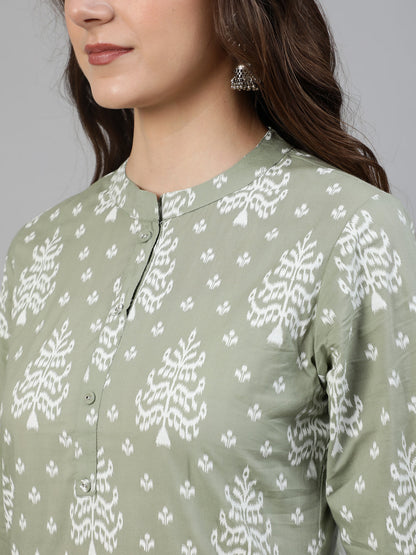 Women's Grey Ethnic Printed Straight Kurta With Three Quarter Sleeves