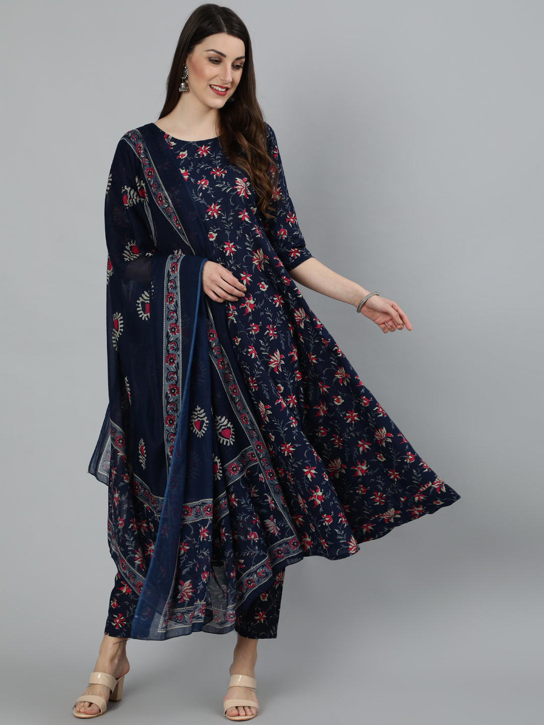 Women's Navy Blue & Pink Floral Printed Flared Kurta And Trouser With Dupatta