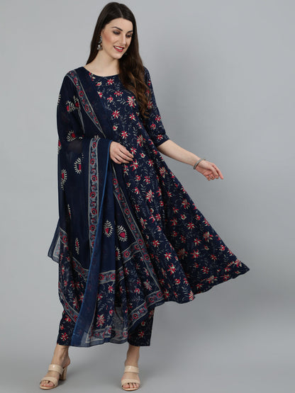 Women's Navy Blue & Pink Floral Printed Flared Kurta And Trouser With Dupatta