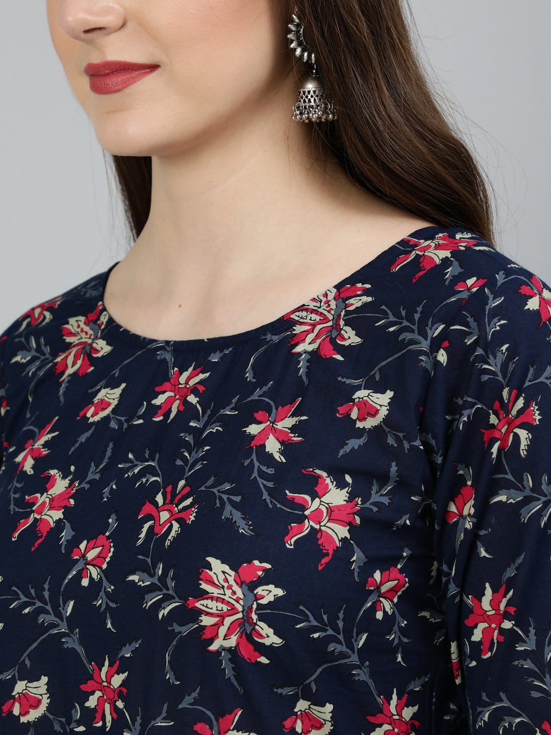 Women's Navy Blue & Pink Floral Printed Flared Kurta And Trouser With Dupatta