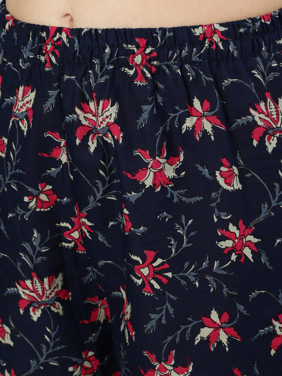 Women's Navy Blue & Pink Floral Printed Flared Kurta And Trouser With Dupatta