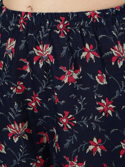 Women's Navy Blue & Pink Floral Printed Flared Kurta And Trouser With Dupatta