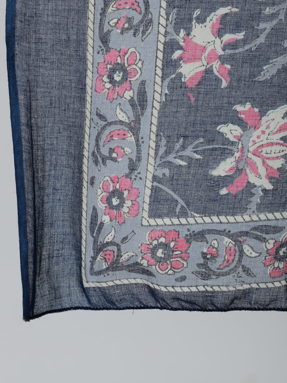 Women's Navy Blue & Pink Floral Printed Flared Kurta And Trouser With Dupatta