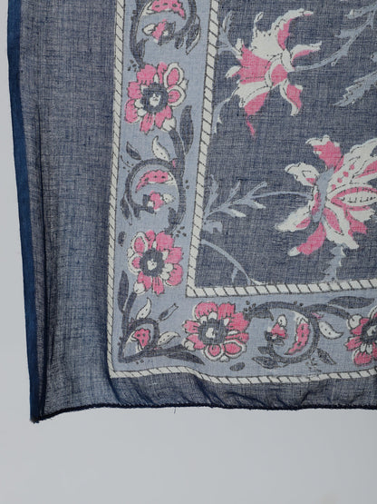 Women's Navy Blue & Pink Floral Printed Flared Kurta And Trouser With Dupatta