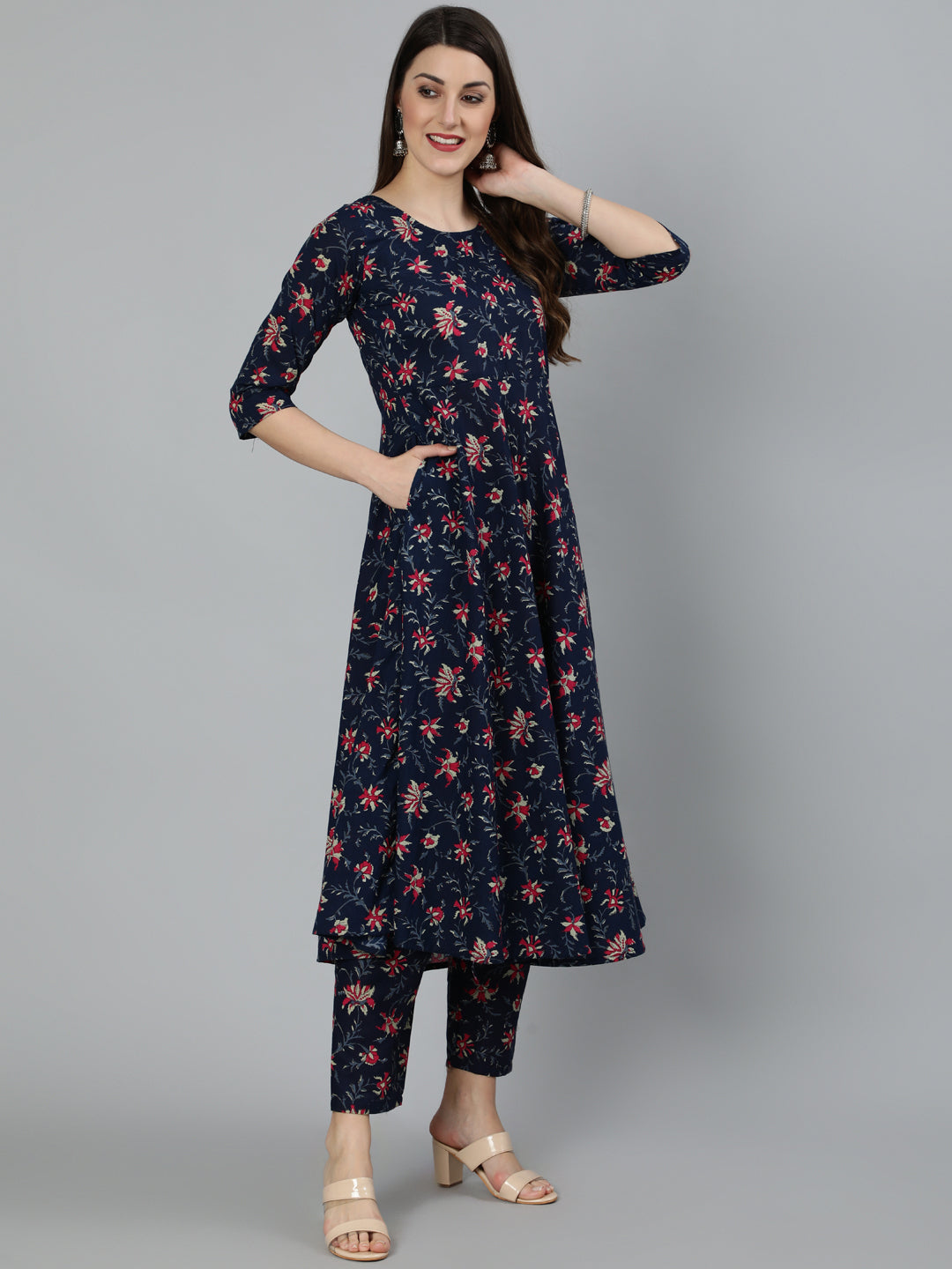 Women's Navy Blue & Pink Floral Printed Flared Kurta And Trouser With Dupatta