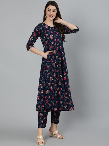 Women's Navy Blue & Pink Floral Printed Flared Kurta And Trouser With Dupatta