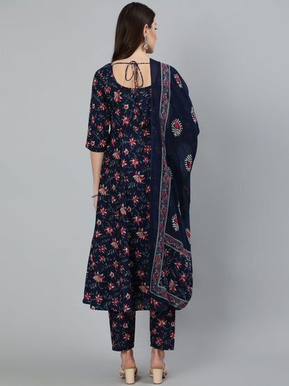 Women's Navy Blue & Pink Floral Printed Flared Kurta And Trouser With Dupatta