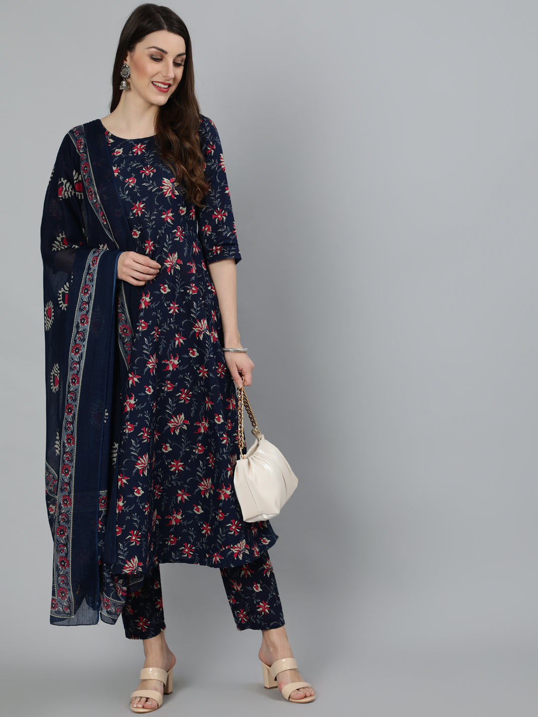 Women's Navy Blue & Pink Floral Printed Flared Kurta And Trouser With Dupatta