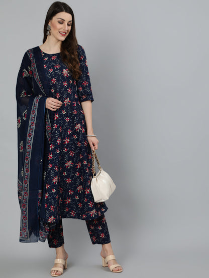 Women's Navy Blue & Pink Floral Printed Flared Kurta And Trouser With Dupatta