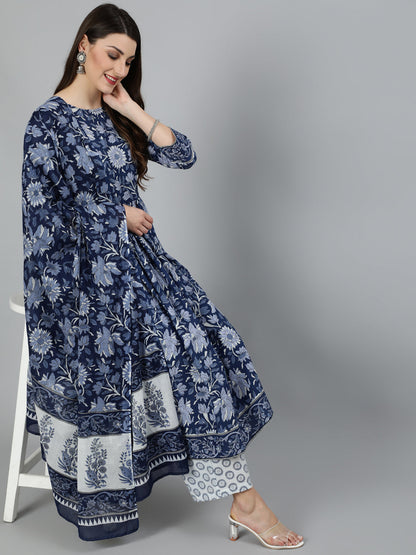 Women's Blue Floral Printed Gathered Kurta With Palzzo And Dupatta