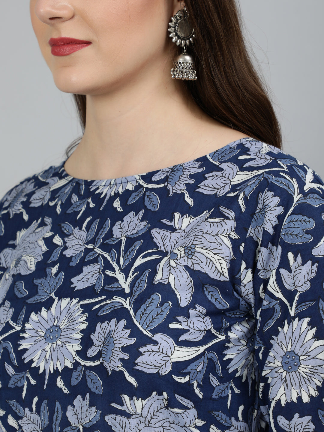 Women's Blue Floral Printed Gathered Kurta With Palzzo And Dupatta