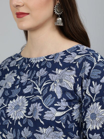 Women's Blue Floral Printed Gathered Kurta With Palzzo And Dupatta