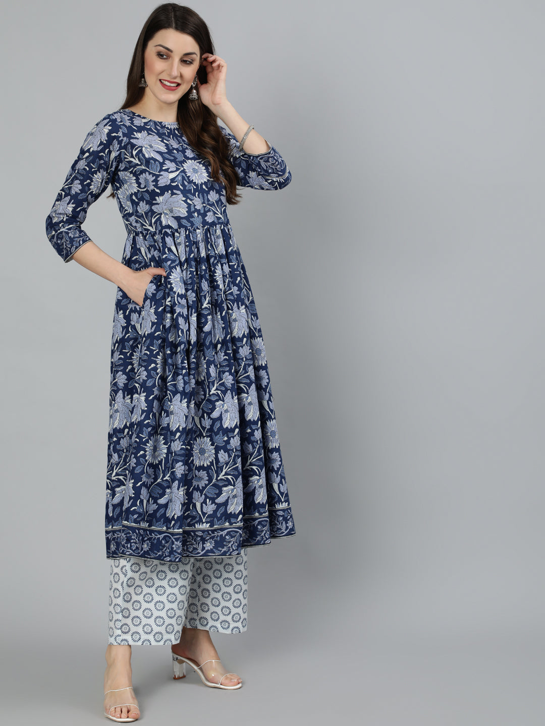 Women's Blue Floral Printed Gathered Kurta With Palzzo And Dupatta