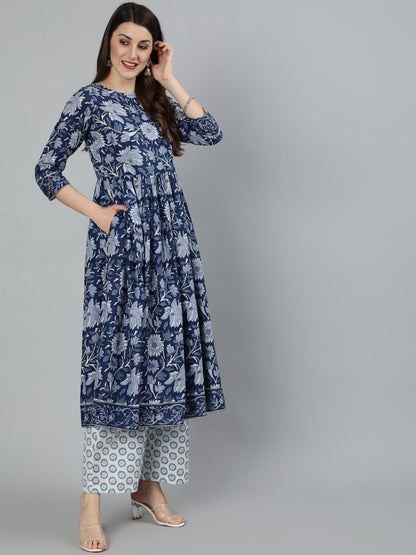 Women's Blue Floral Printed Gathered Kurta With Palzzo And Dupatta