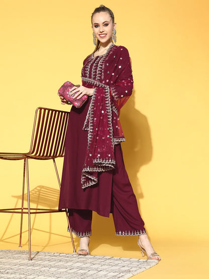 Women's Burgundy Embroidered Straight Kurta With Plazo & Dupatta