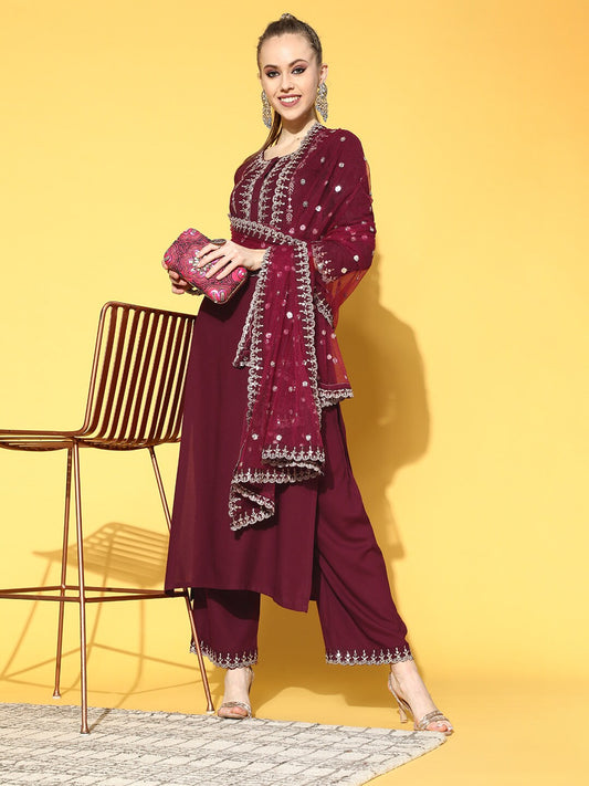 Women's Burgundy Embroidered Straight Kurta With Plazo & Dupatta