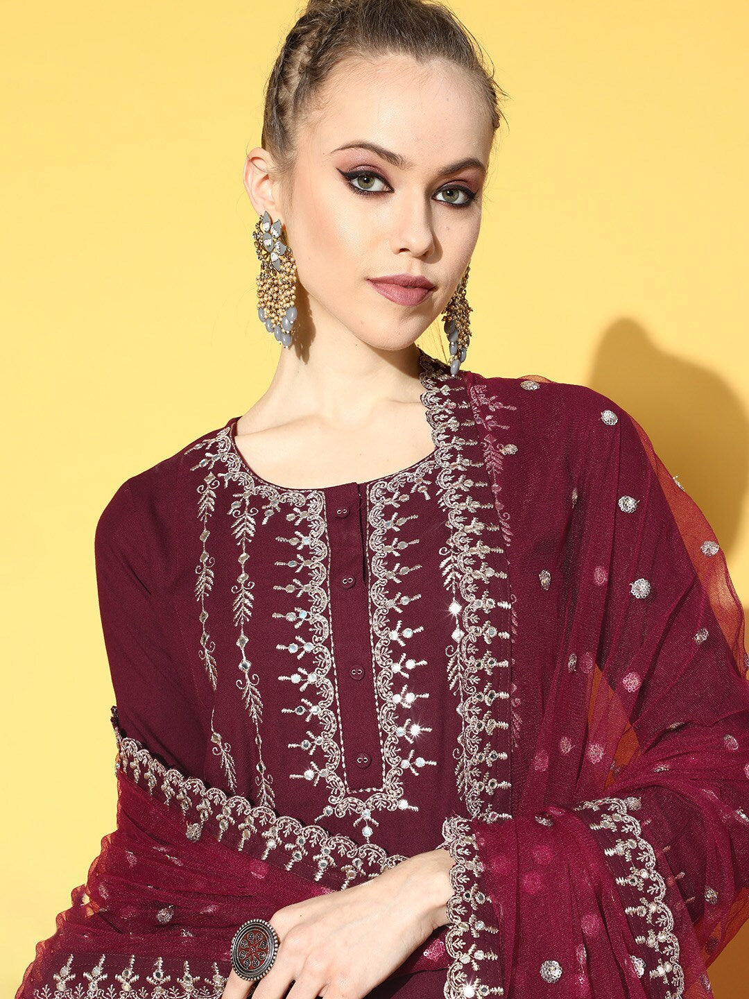 Women's Burgundy Embroidered Straight Kurta With Plazo & Dupatta