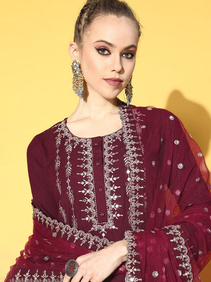 Women's Burgundy Embroidered Straight Kurta With Plazo & Dupatta